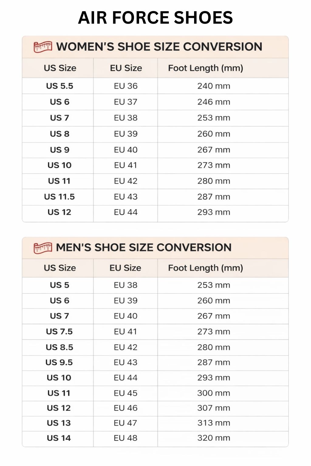 Air Force Shoes Size Chart - Rick And Morty Shop